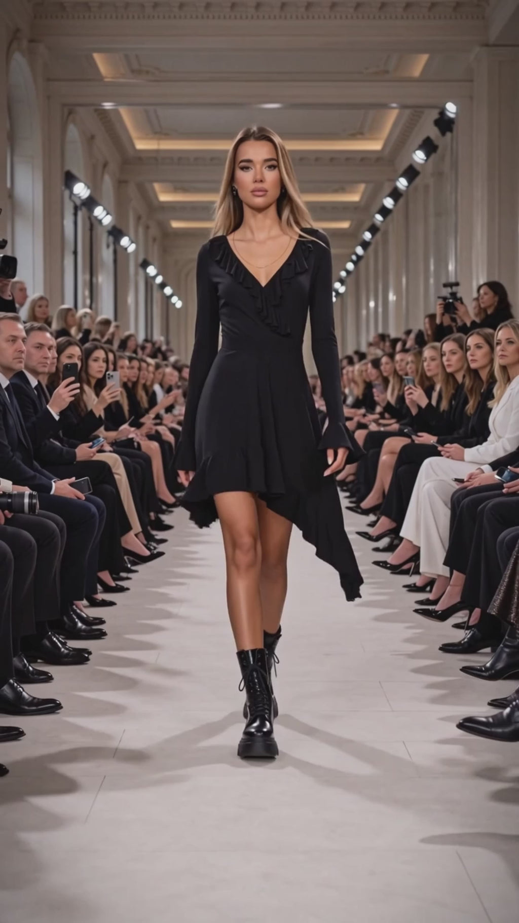 Rochie neagra asimetrica cu volane si maneca lunga Glow