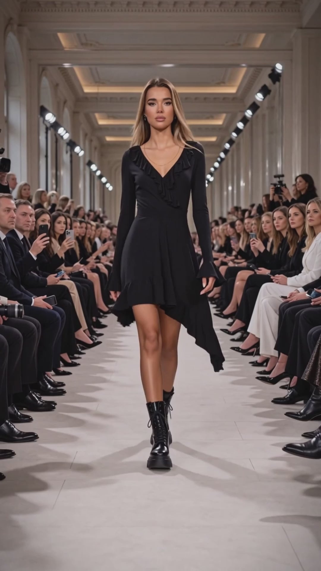 Rochie neagra asimetrica cu volane si maneca lunga Glow