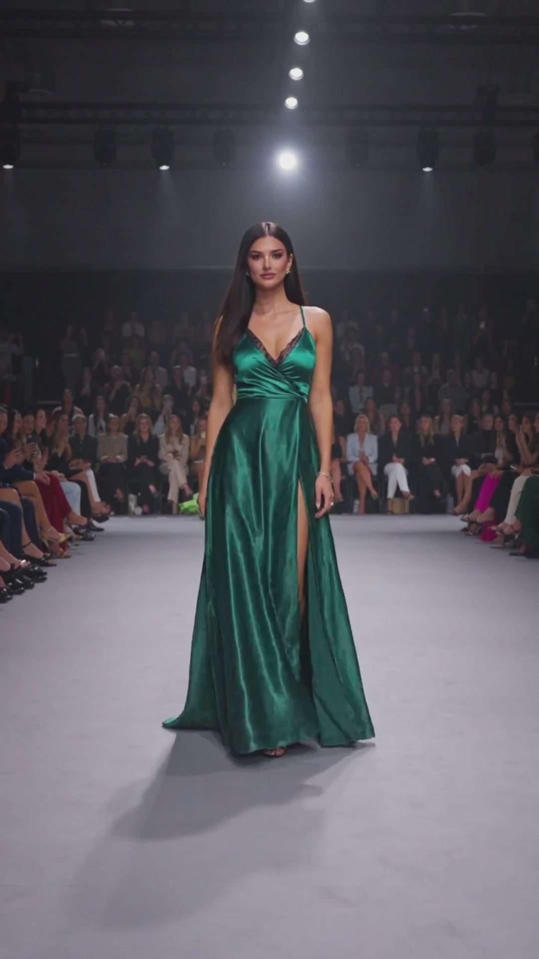 Rochie verde lunga din satin cu dantela Sensation