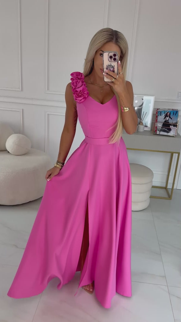 643-6 Rochie maxi de seară elegantă cu crestătură și trandafiri - roz bomboană