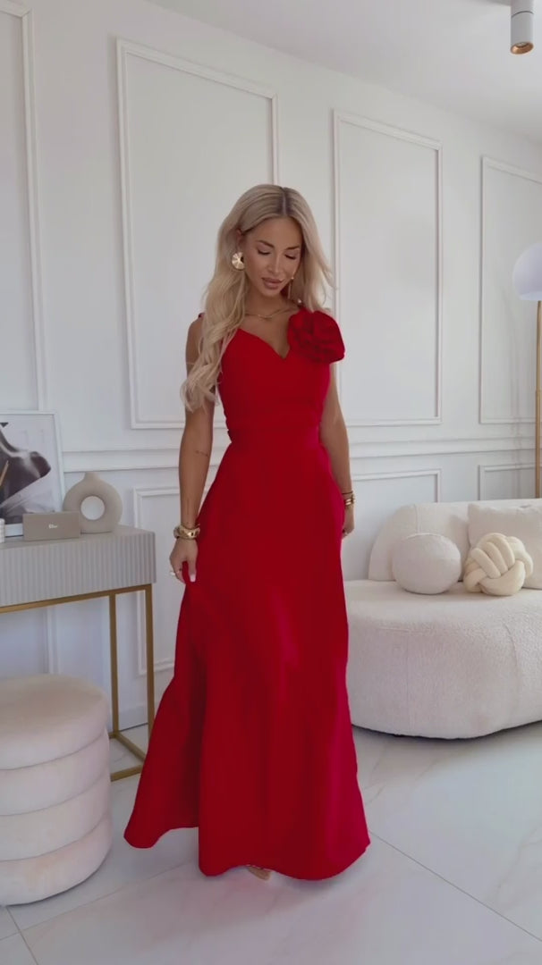 669-4 Rochie maxi romantică cu floare pe umăr și crestătură 