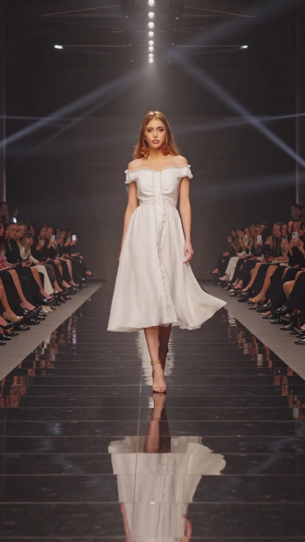Rochie alba midi din in pe umeri cu insertie din dantela Mimi