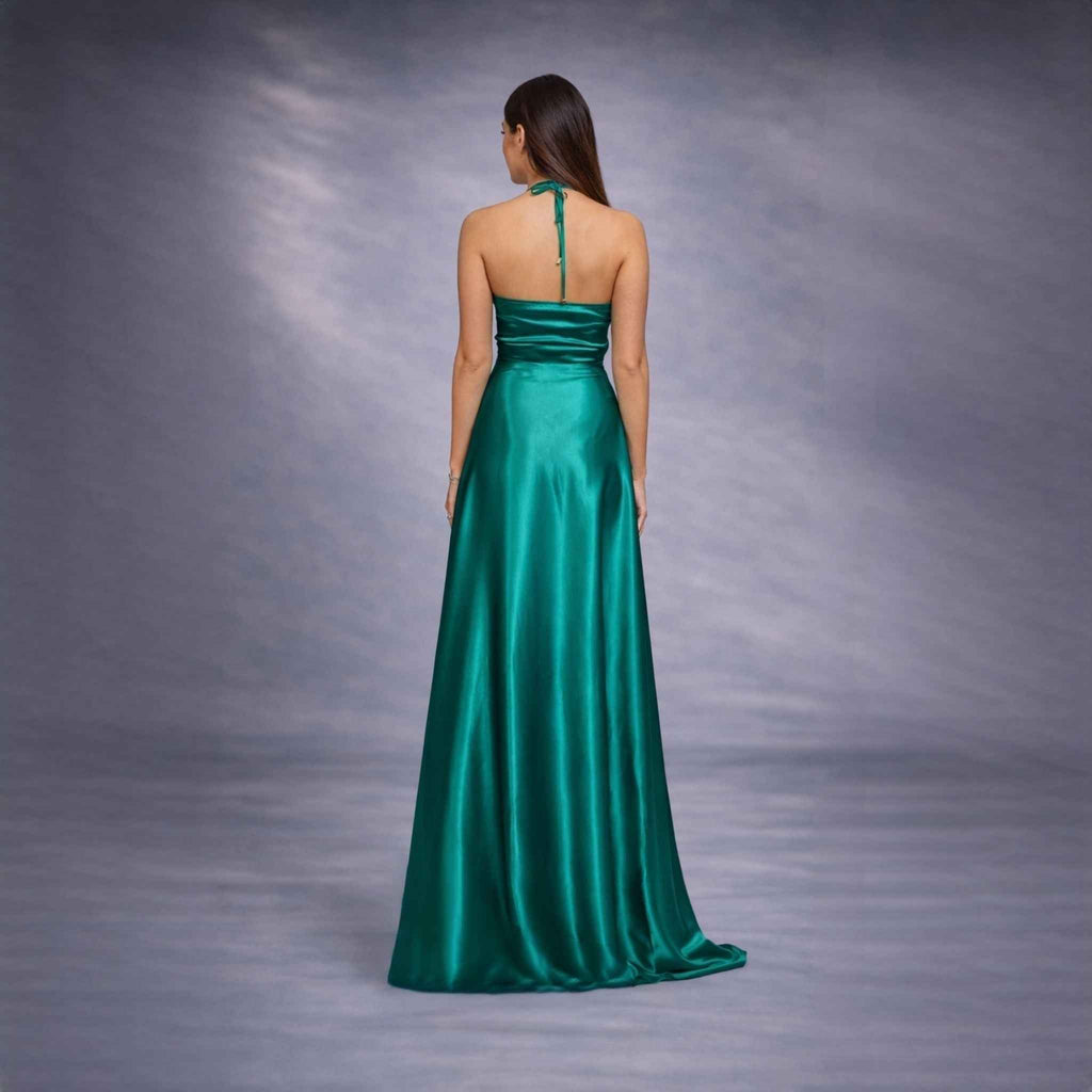 Rochie verde lunga din satin cu dantela Sensation
