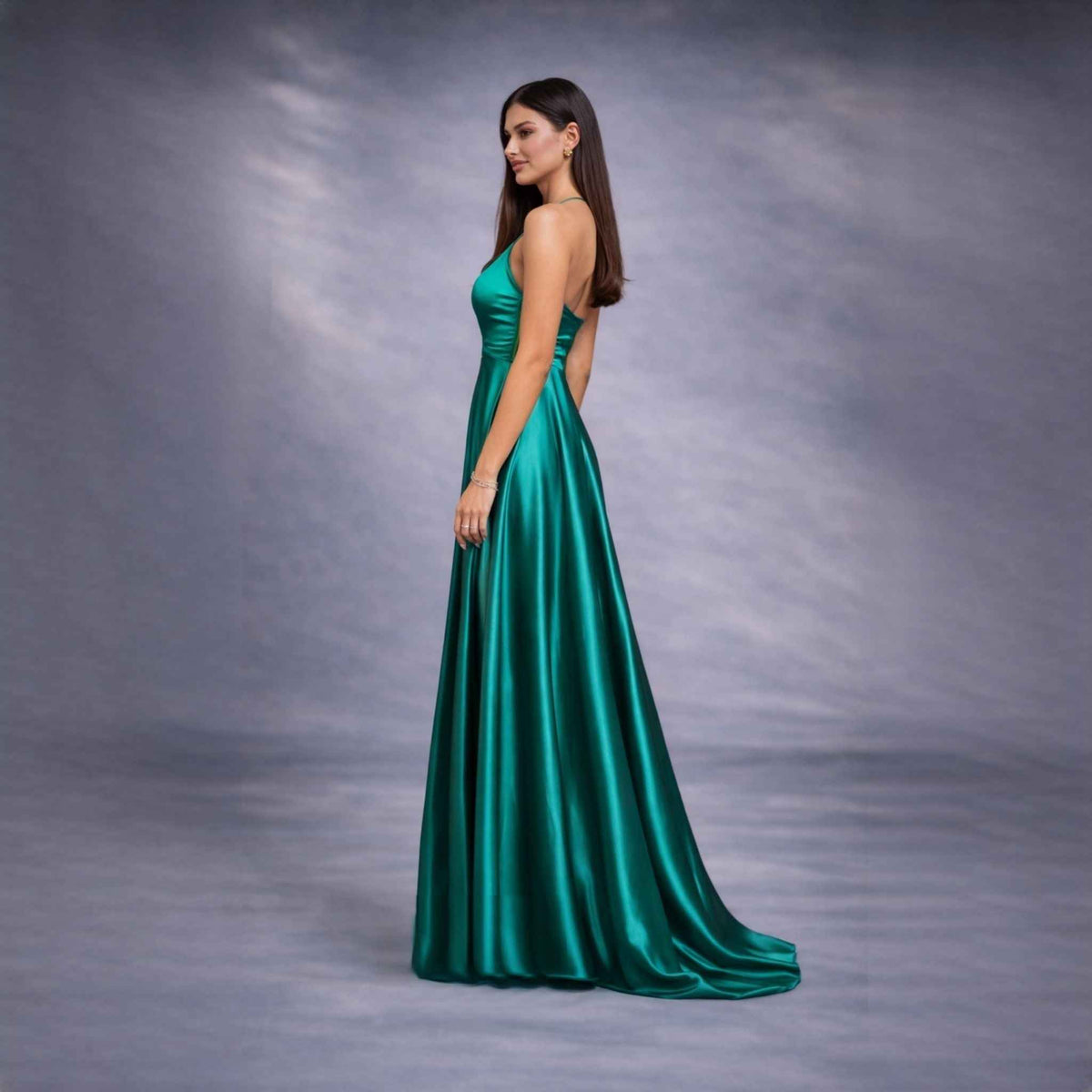 Rochie verde lunga din satin cu dantela Sensation