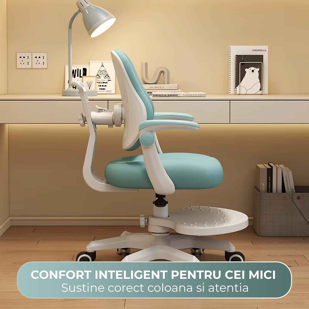 Scaun ergonomic copii 3-12 ani, Rglaj inaltime, Brate rabatabile, Albastru